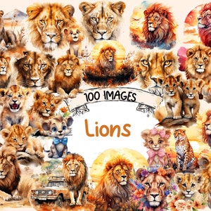 Lions Watercolor Clipart Bundle - 100 PNG Lion Safari Images, Majestic Savanna Animal Graphics, Instant Digital Download, Commercial Use