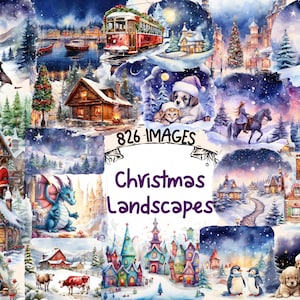 Christmas Landscapes Watercolor Clipart Bundle - 826 PNG Festive Landscape Images, Scenery Graphics, Instant Digital Download,Commercial Use