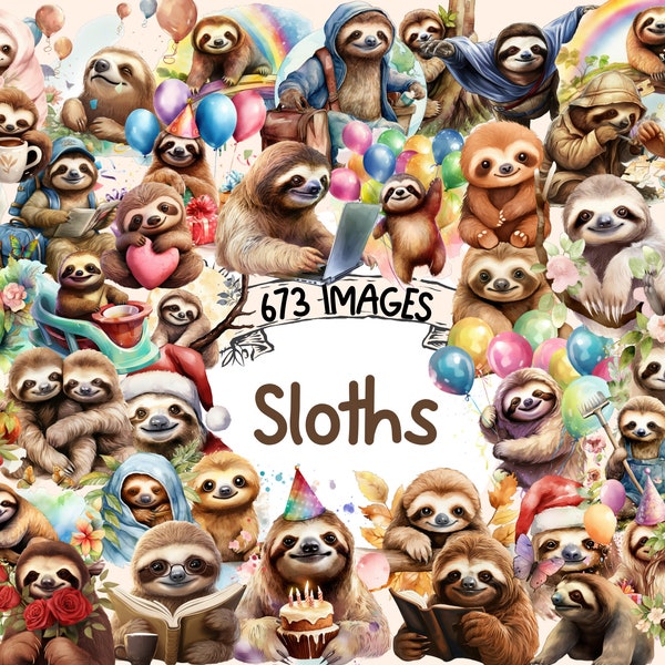 Sloths Watercolor Clipart Bundle - 673 PNG Sloth Images, Adorable Animal Graphics, Lazy Cute Animal, Instant Digital Download,Commercial Use