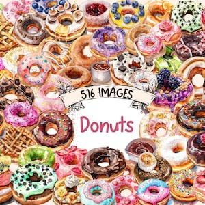 Donuts Watercolor Clipart Bundle - 516 PNG Sweet Doughnut Images, Tasty Desserts Pastry Graphics, Instant Digital Download, Commercial Use