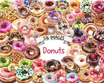 Watercolor Donuts Clipart Bundle: 516 PNG Images (Digital Download)