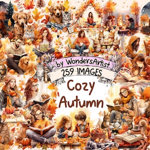Cozy Autumn Watercolor Clipart Bundle - 259 PNG Cute Fall Images, Seasonal Bookworm Comfort Graphics,Instant Digital Download,Commercial Use