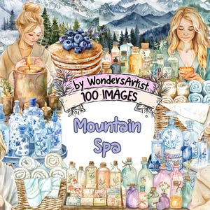 Mountain Spa Watercolor Clipart Bundle - 100 PNG Serene Retreat Images, Tranquil Mountain Graphics, Instant Digital Download, Commercial Use
