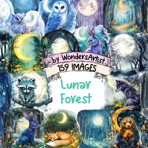 Lunar Forest Watercolor Clipart Bundle - 159 PNG Enchanted Nature Images, Mystical Moon Illustrations,  Instant Download, Commercial Use