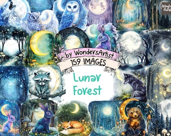 Watercolor Lunar Forest Clipart Bundle: 159 Mystical Moon PNG Images (Commercial Use, Instant Download)