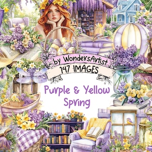 Purple & Yellow Spring Watercolor Clipart Bundle - 147 PNG Floral Images, Vibrant Springtime Illustrations, Instant Download, Commercial Use