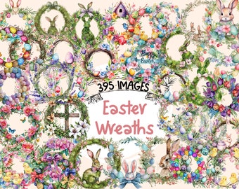 Watercolor Easter Wreaths Clipart Bundle: 395 PNG Images (Digital Download)