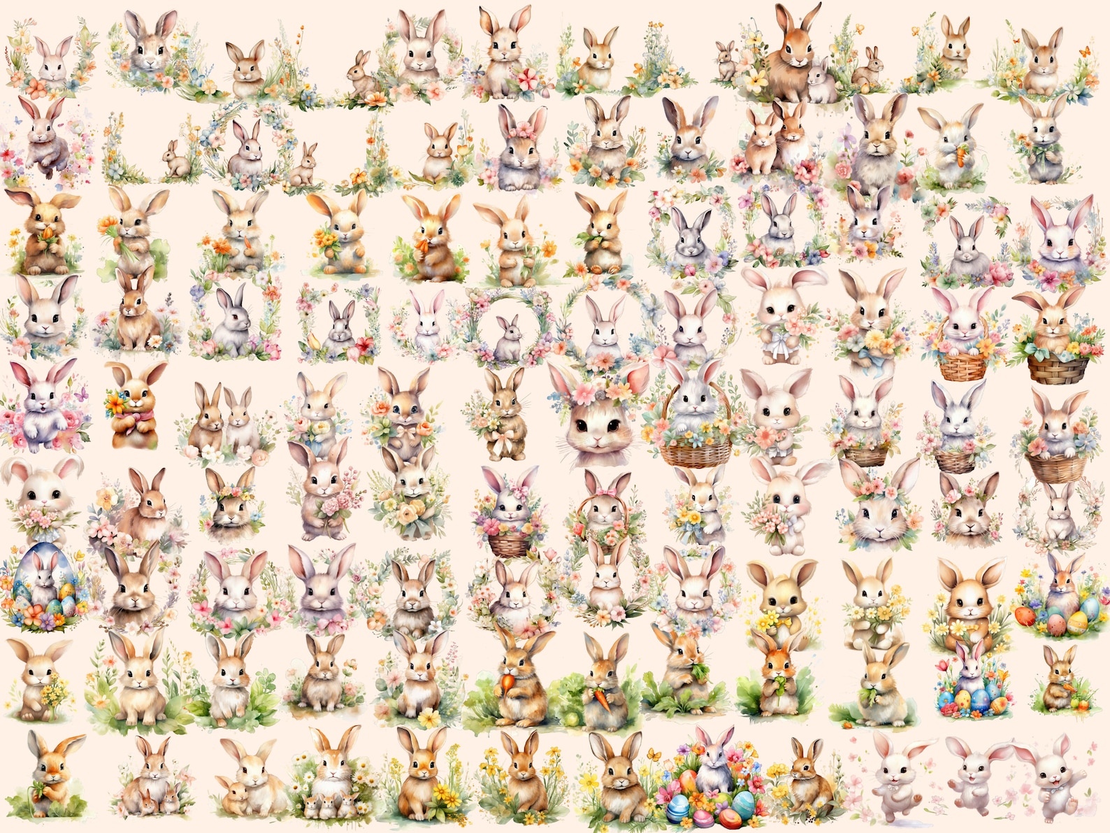 Watercolor Spring Bunnies Clipart Bundle (604 PNG Images) (digital ...