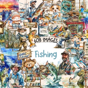 Fishing Watercolor Clipart Bundle - 608 PNG Angling Equipment Images, Fisherman Gear Graphics, Instant Digital Download, Commercial Use