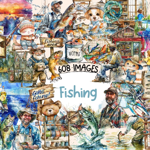 Bundle de cliparts aquarelle pêche - 608 images de matériel de pêche PNG, graphiques d'engins de pêcheur, téléchargement numérique instantané, usage Commercial