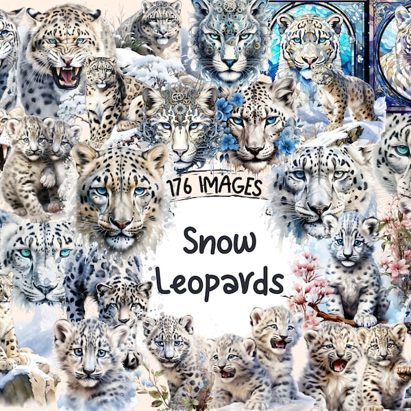 Snow Leopards Watercolor Clipart Bundle - 176 PNG Winter Leopard Images, White Big Cat Graphics, Instant Digital Download, Commercial Use