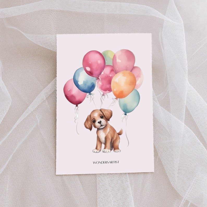 May include: A watercolor illustration of a brown and white puppy holding onto a bunch of colorful balloons. The balloons are pink, blue, yellow, and orange. The puppy is sitting on the ground and looking up at the balloons. The text "WondersArtist" is at the bottom of the image.