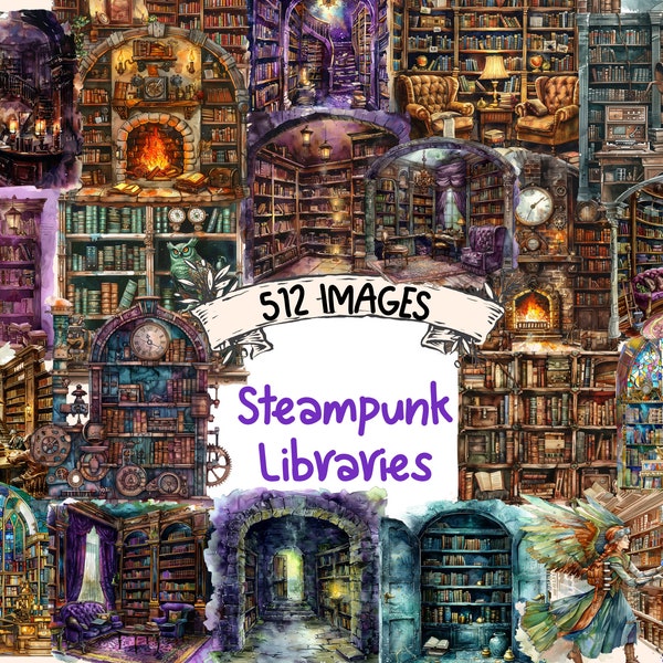 Steampunk Library Watercolor Clipart Bundle - 512 PNG Old Bookshelf Images, Reading Space Graphics, Instant Digital Download, Commercial Use