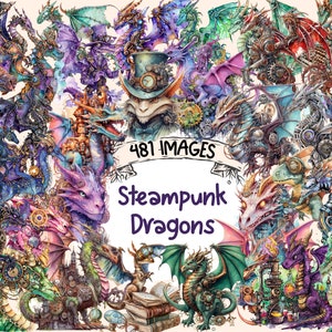 Steampunk Dragons Watercolor Clipart Bundle - 481 PNG Mechanical Dragon Images, Fantasy Graphics, Instant Digital Download, Commercial Use