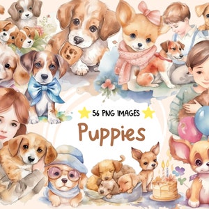 Bundle de cliparts aquarelle chiots - 56 adorables contes de fées enchantés, stickers chiots mignons, PNG, téléchargement immédiat, usage commercial