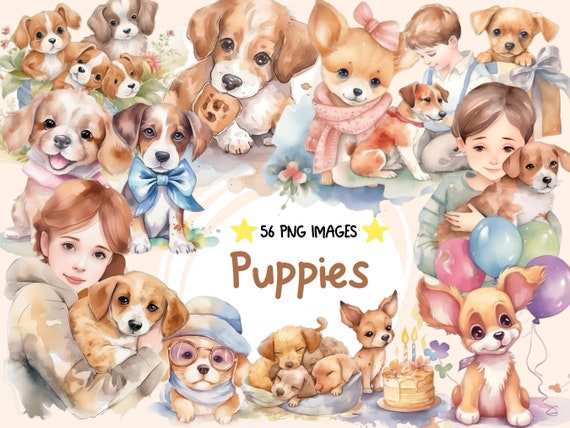 Watercolor Puppies Clipart Bundle: Fairytale Style PNG (Digital Download)