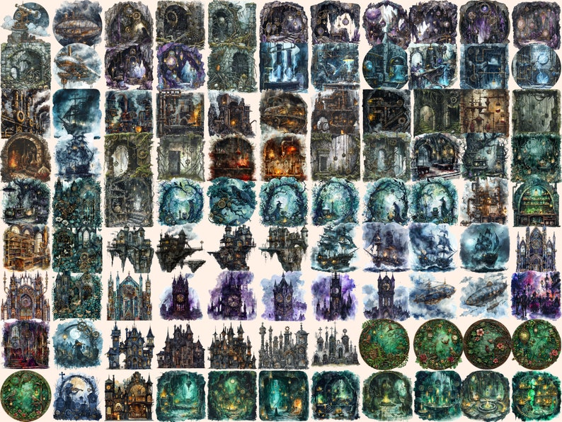 Contraptions Graphics Gothic Steampunk Watercolor Clipart Bundle: 508 PNG Victorian Images ...