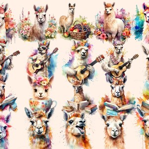K&ouml;nnte beinhalten: Eine digitale Illustration mit 15 Aquarell-Llamas in verschiedenen Posen. Einige Lamas spielen Musikinstrumente, lesen B&uuml;cher oder tragen Blumen. Die Lamas sind alle in verschiedenen Farben gehalten und haben einen skurrilen, cartoonartigen Stil.