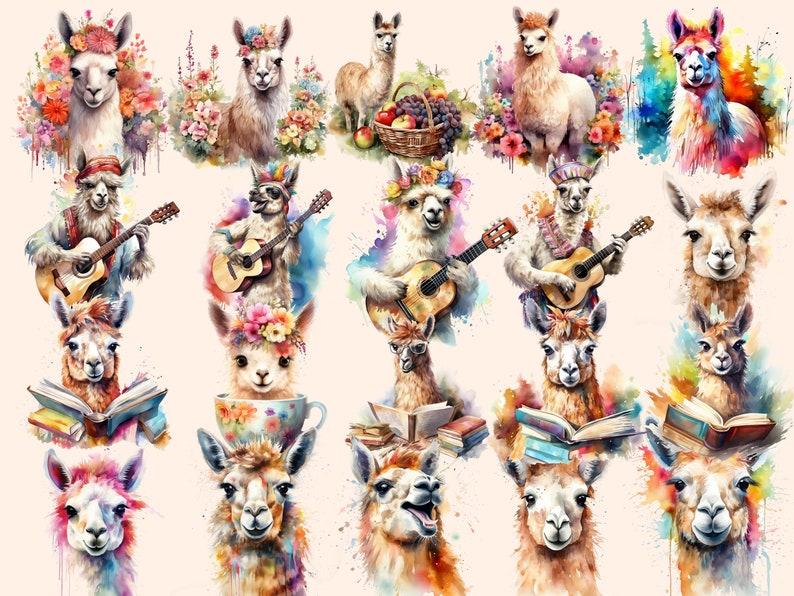 K&ouml;nnte beinhalten: Eine digitale Illustration mit 15 Aquarell-Llamas in verschiedenen Posen. Einige Lamas spielen Musikinstrumente, lesen B&uuml;cher oder tragen Blumen. Die Lamas sind alle in verschiedenen Farben gehalten und haben einen skurrilen, cartoonartigen Stil.