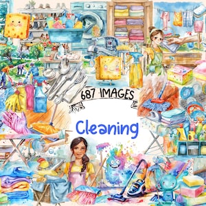 Cleaning Watercolor Clipart Bundle - 687 PNG Household Cleaner Supplies Images, Sanitation Graphics, Instant Digital Download,Commercial Use