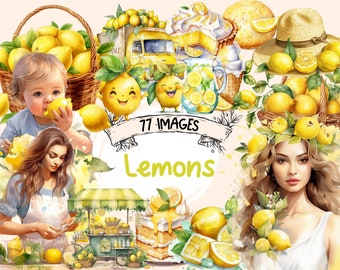 Watercolor Lemon Clipart Bundle: 77 Summer PNG Images (Digital Download)