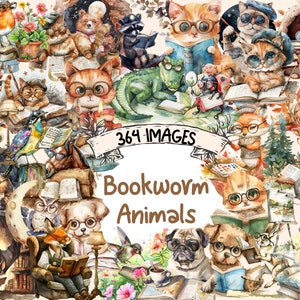 Bookworm Animals Watercolor Clipart Bundle - 364 PNG Literary Animal Images, Reading Lover Graphics, Instant Digital Download,Commercial Use
