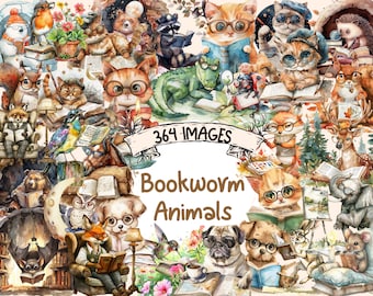 Bookworm Animals Watercolor Clipart Bundle: 364 PNG Images (Digital Download)
