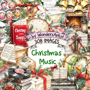 Christmas Music Watercolor Clipart Bundle - 308 PNG X-Mas Musical Images, Festive Singing Illustrations, Instant Download, Commercial Use
