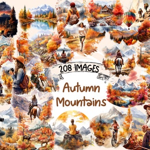Autumn Mountains Watercolor Clipart Bundle - 208 PNG Fall Mountain Images, Rustic Landscape Graphics,Instant Digital Download,Commercial Use