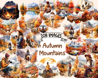 Autumn Mountain Watercolor Clipart Bundle: 208 PNG Graphics (Digital Download)