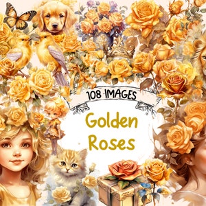 Golden Roses Watercolor Clipart Bundle - 108 PNG Images, Beautiful Floral Graphics, Rose Leaves, PNG,Instant Digital Download,Commercial Use