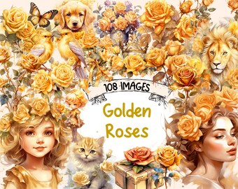Golden Roses Watercolor Clipart Bundle: Floral PNG Graphics (Commercial Use)