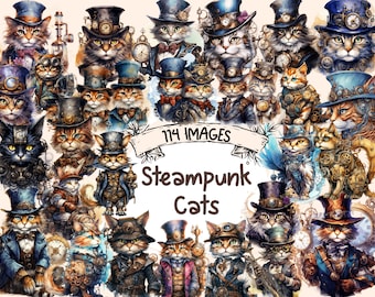 May include: A digital collage of 114 images featuring steampunk cats. The cats are wearing various hats, goggles, and other steampunk accessories. The background is a light beige colour with a banner that reads "114 Images Steampunk Cats".