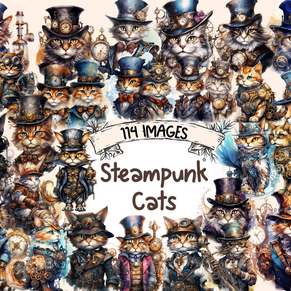 Steampunk Cats Aquarelle Clipart Bundle - 114 Images de chat mécanique PNG, Graphiques rétro-futuristes, Téléchargement numérique instantané, Utilisation commerciale