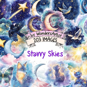 Starry Skies Watercolor Clipart Bundle - 203 PNG Beautiful Night Sky Images, Magic Celestial Illustrations, Instant Download, Commercial Use