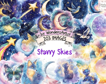 Starry Skies Watercolor Clipart Bundle: 203 Celestial Night Images (Commercial Use) (Instant Download)