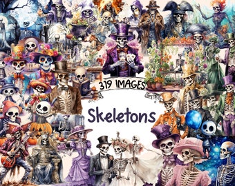 Halloween Skeletons Watercolor Clipart Bundle: 319 PNG Images (Digital Download)