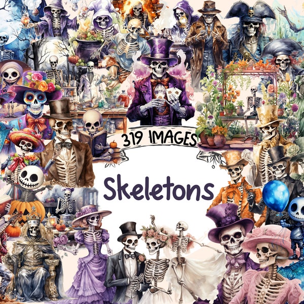 Skeletons Watercolor Clipart Bundle - 319 PNG Skeleton Skull Images, Spooky Halloween Graphics, Instant Digital Download, Commercial Use