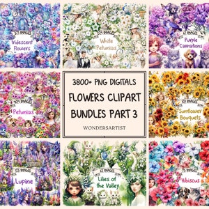 Flowers Clipart Watercolor Premium Bundles P3 - 3800+ PNG Graphics,Colorful Blooms, Charming Flowers,Instant Digital Download,Commercial Use