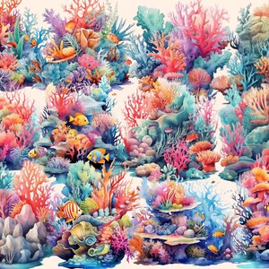 以下が含まれることがあります： カラフルな魚、サンゴ、海藻が描かれた、鮮やかなサンゴ礁の水彩画。サンゴ礁は、青、緑、ピンク、オレンジなど、さまざまな色合いで描かれています。