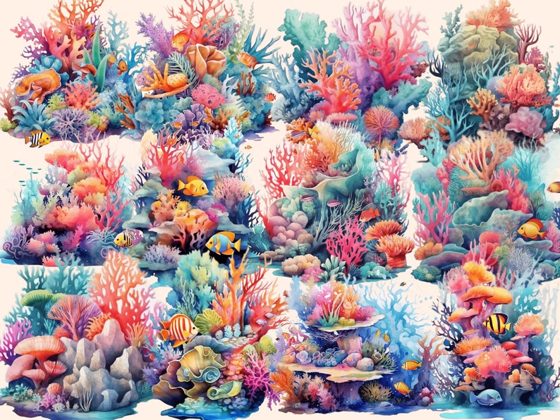 以下が含まれることがあります： カラフルな魚、サンゴ、海藻が描かれた、鮮やかなサンゴ礁の水彩画。サンゴ礁は、青、緑、ピンク、オレンジなど、さまざまな色合いで描かれています。