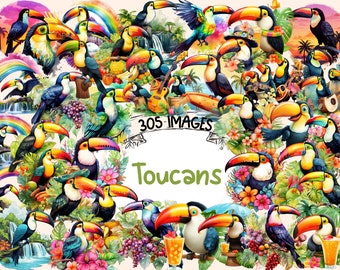 Toucans Watercolor Clipart Bundle: 305 PNG Tropical Bird Graphics (Digital Download)