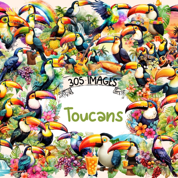 Toucans Watercolor Clipart Bundle - 305 PNG Exotic Toucan Images, Tropical Colorful Bird Graphics, Instant Digital Download, Commercial Use