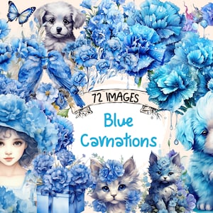 Blue Carnations Watercolor Clipart Bundle - 72 PNG Flower Images, Beautiful Floral Graphics, PNG, Instant Digital Download, Commercial Use
