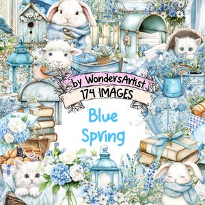 Blue Spring Watercolor Clipart Bundle - 174 PNG Floral Images, Springtime Illustrations, Elegant Nature Art, Instant Download,Commercial Use