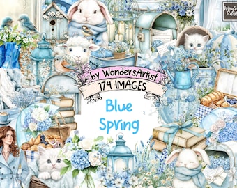 Blue Spring Watercolor Clipart Bundle: Floral PNG Images (Instant Download)
