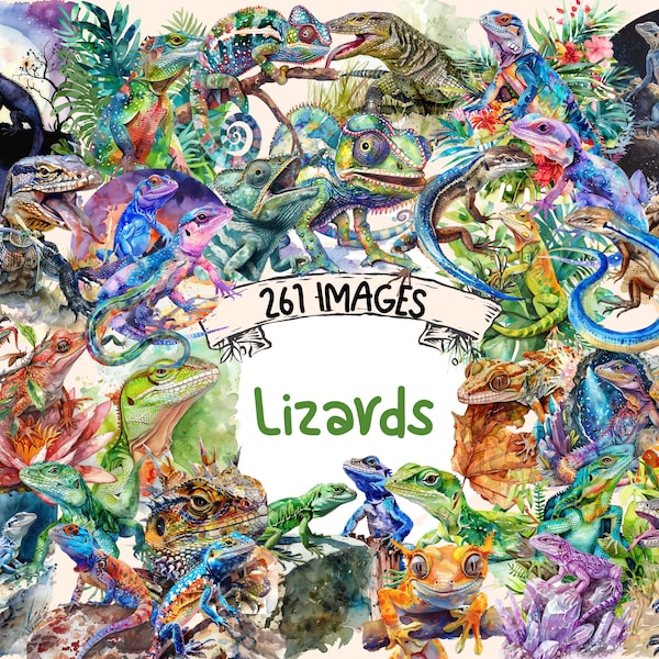 Watercolor Lizard Clipart Bundle: 261 Reptile PNG Images (Digital Download)