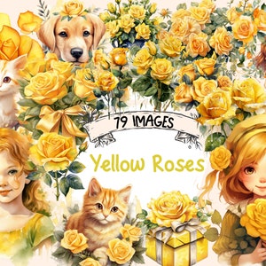 Yellow Roses Watercolor Clipart Bundle - 79 PNG Images, Beautiful Floral Graphics, Rose Leaves, PNG, Instant Digital Download,Commercial Use