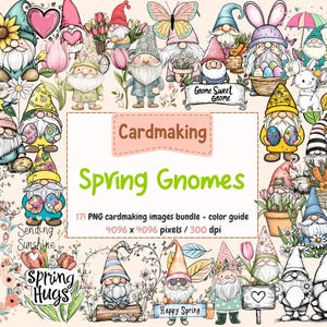 Può includere: Un set di 171 immagini digitali con gnomi primaverili, fiori, farfalle e altri elementi a tema primaverile. Le immagini sono perfette per la creazione di biglietti e altri progetti di artigianato. Le immagini sono di 4096 x 4096 pixel e 300 dpi.