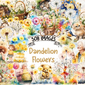 Dandelion Flowers Watercolor Clipart Bundle - 508 PNG Dandelions Images, Floral Blossom Graphics, Instant Digital Download, Commercial Use